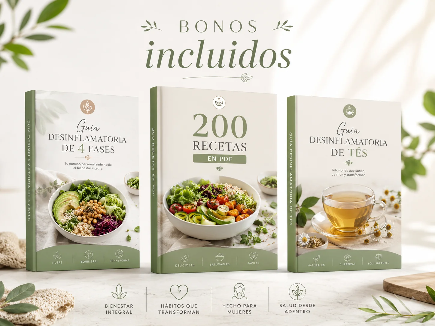 Bonos incluidos: Guía Desinflamatoria de 4 Fases, 200 Recetas en PDF y Guía Desinflamatoria de Tés
