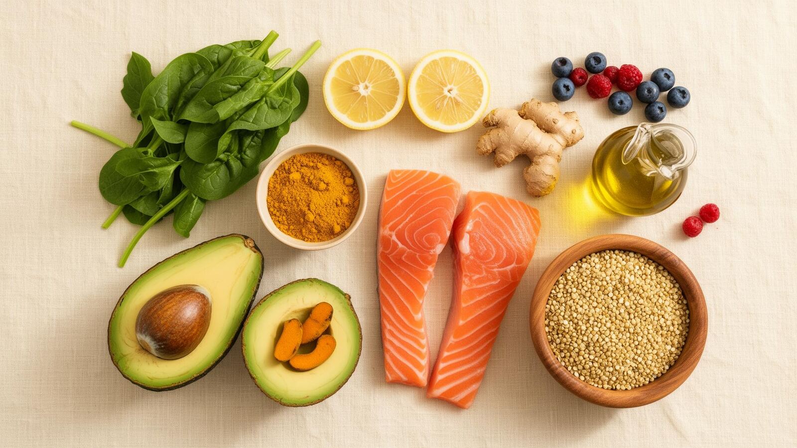 Alimentos antiinflamatorios sobre fondo cream
